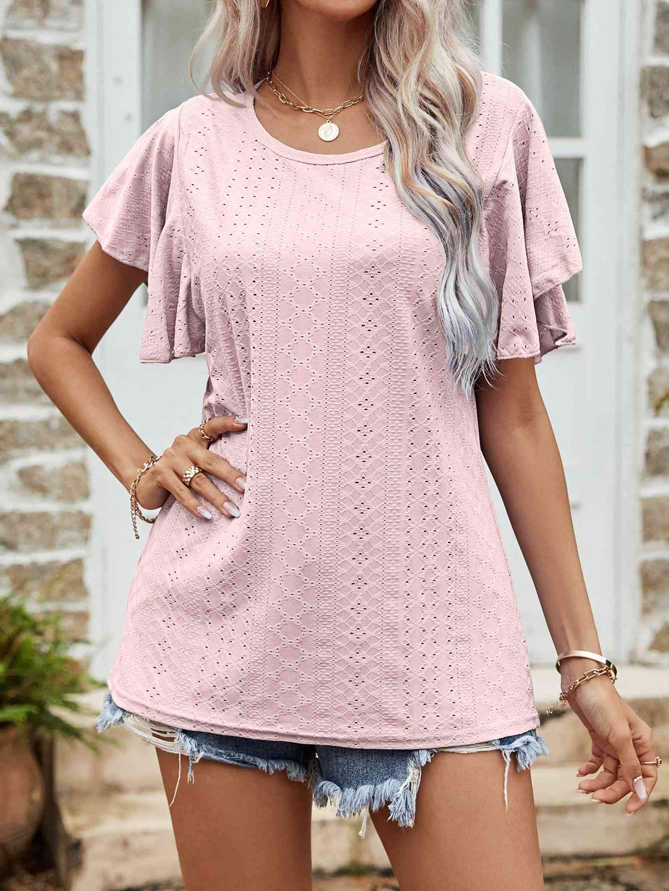 Round Neck Flutter Sleeve Blouse Blush Pink Blouses - Tophatter Daily Deals