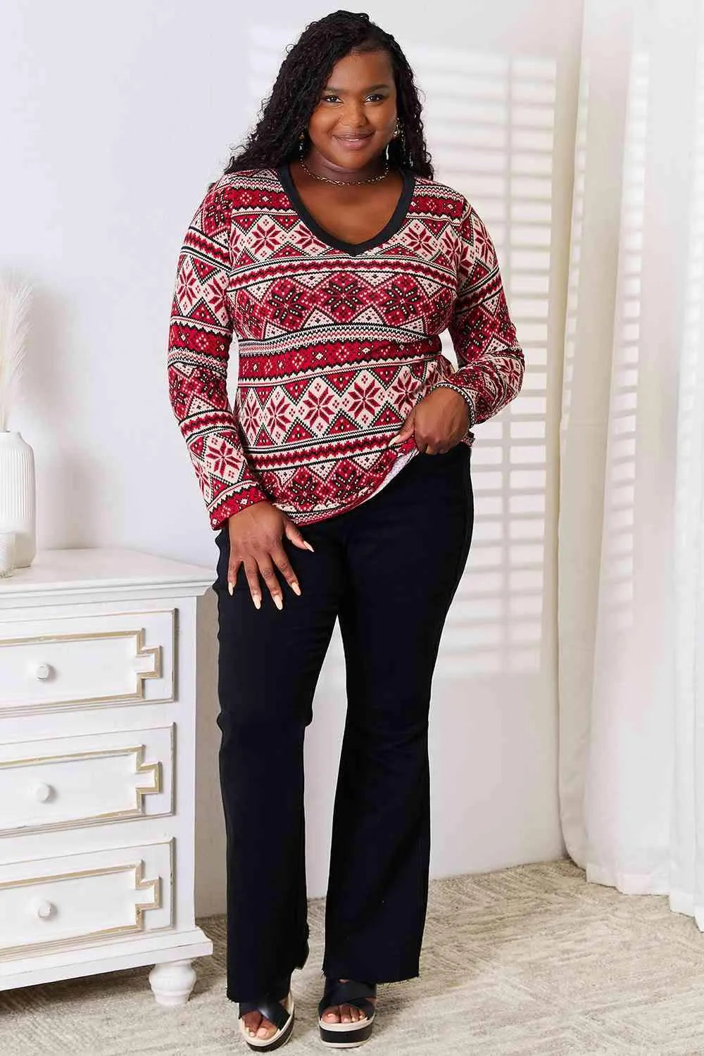 Heimish Full Size Snowflake Print Long Sleeve Top Blouses - Tophatter Daily Deals
