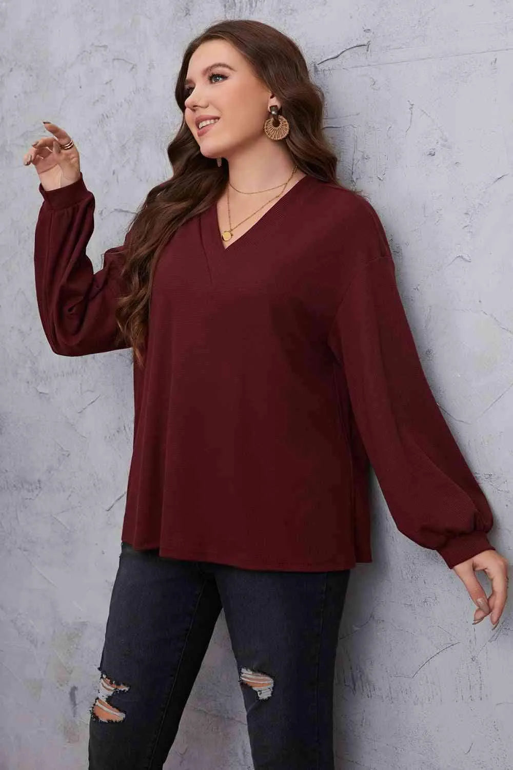 Melo Apparel Plus Size V-Neck Dropped Shoulder Blouse Blouses - Tophatter Daily Deals
