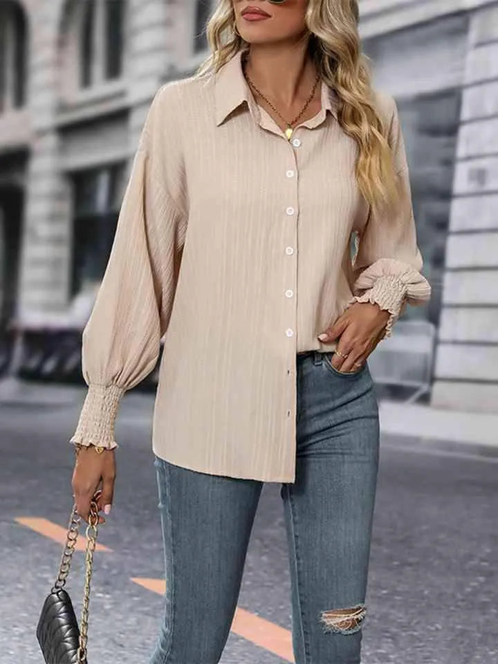 Collared Neck Long Sleeve Button-Up Blouse Blouses - Tophatter Daily Deals