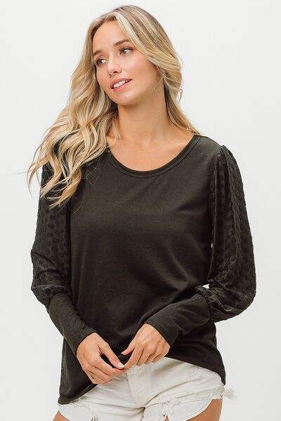 BiBi Round Neck Polka Dot Lantern Sleeve Top Blouses - Tophatter Daily Deals