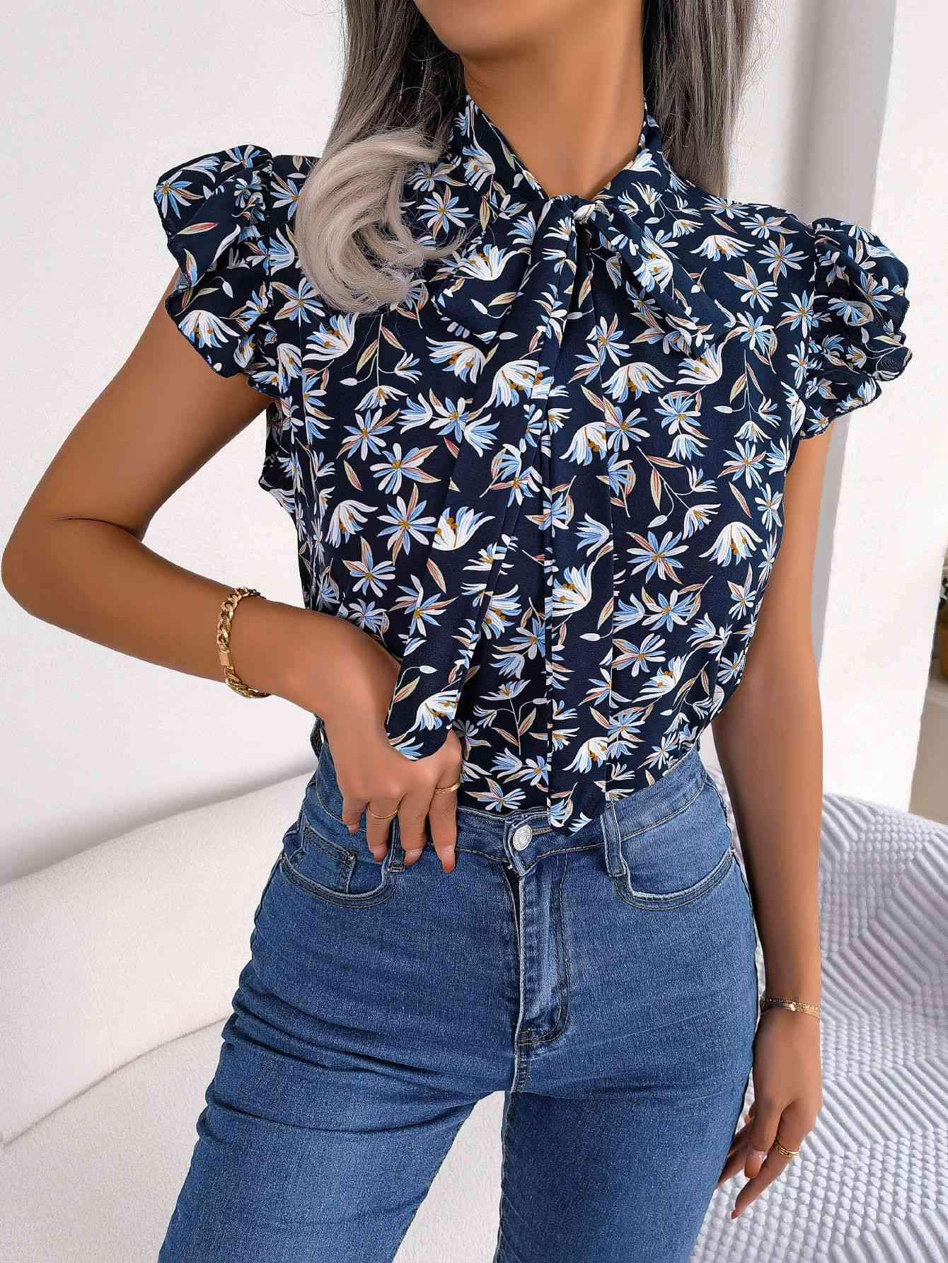 Floral Tie Neck Flutter Sleeve Blouse Blouses - Tophatter Daily Deals