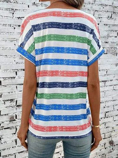 Striped V-Neck Short Sleeve T-Shirt Women's T-Shirts - Tophatter Daily Deals
