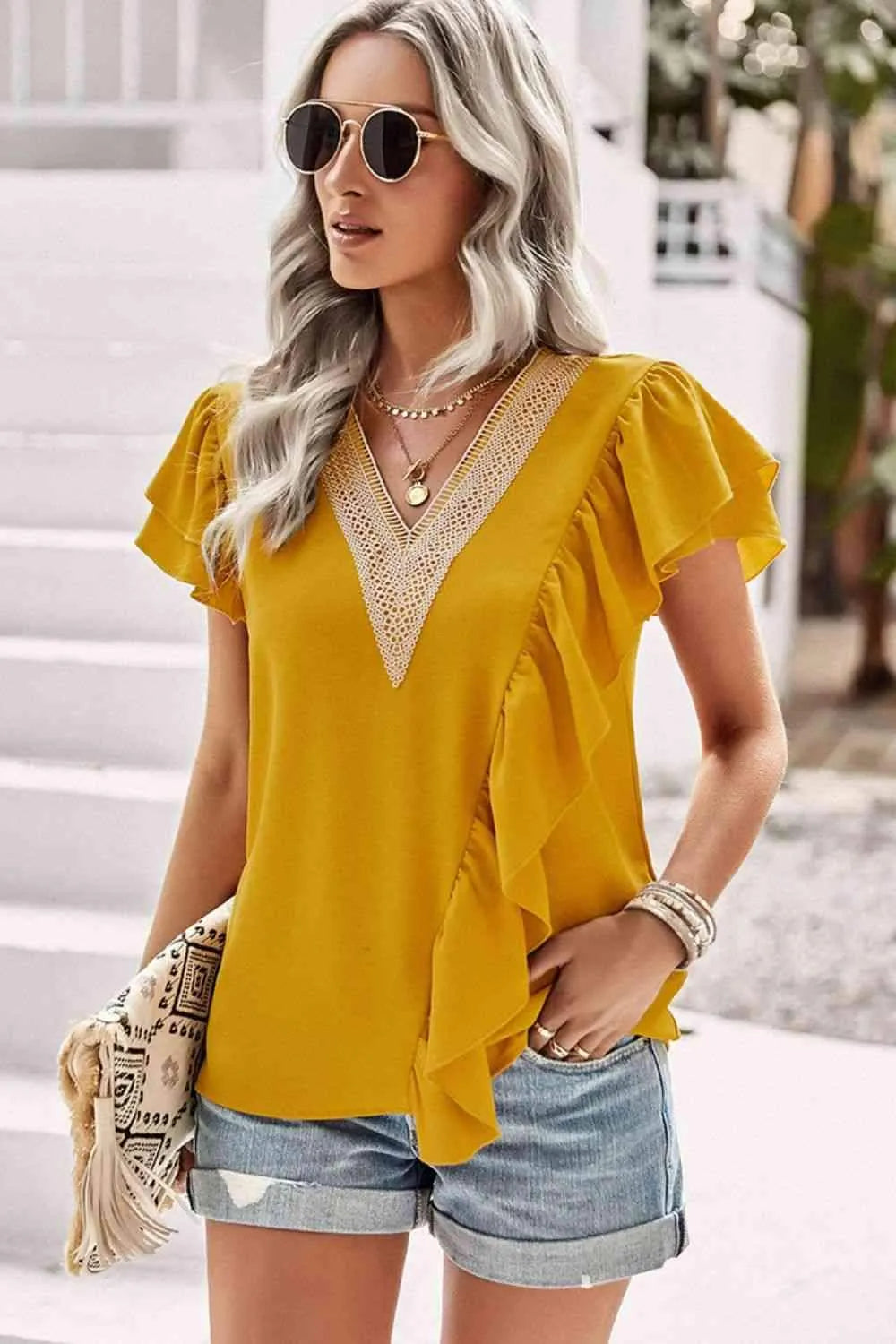 Contrast Ruffle Trim Flutter Sleeve Blouse Blouses - Tophatter Daily Deals