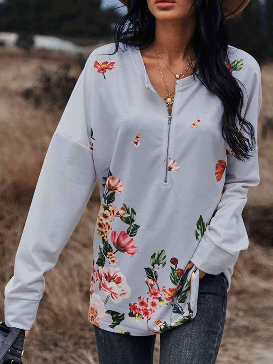 Floral Print Drop Shoulder Front Zipper Blouse Blouses - Tophatter Daily Deals