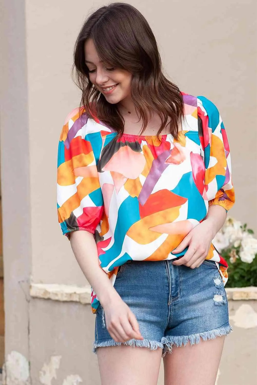 Printed Square Neck Half Sleeve Top Blouses - Tophatter Daily Deals