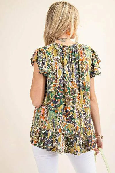 Kori America Full Size Printed Ruffle Hem Cap Sleeve Blouse Blouses - Tophatter Daily Deals