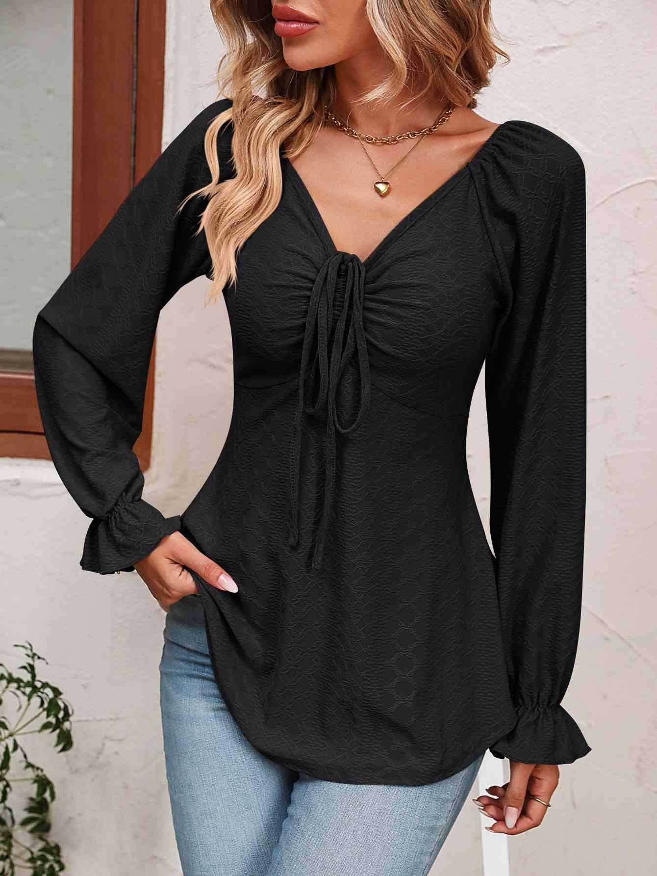 Tie Front V-Neck Puff Sleeve Blouse Blouses - Tophatter Daily Deals