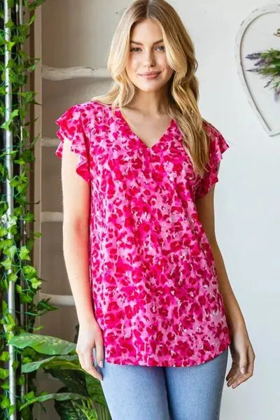 Heimish Full Size Printed Ruffle Cap Sleeve Top Blouses - Tophatter Daily Deals