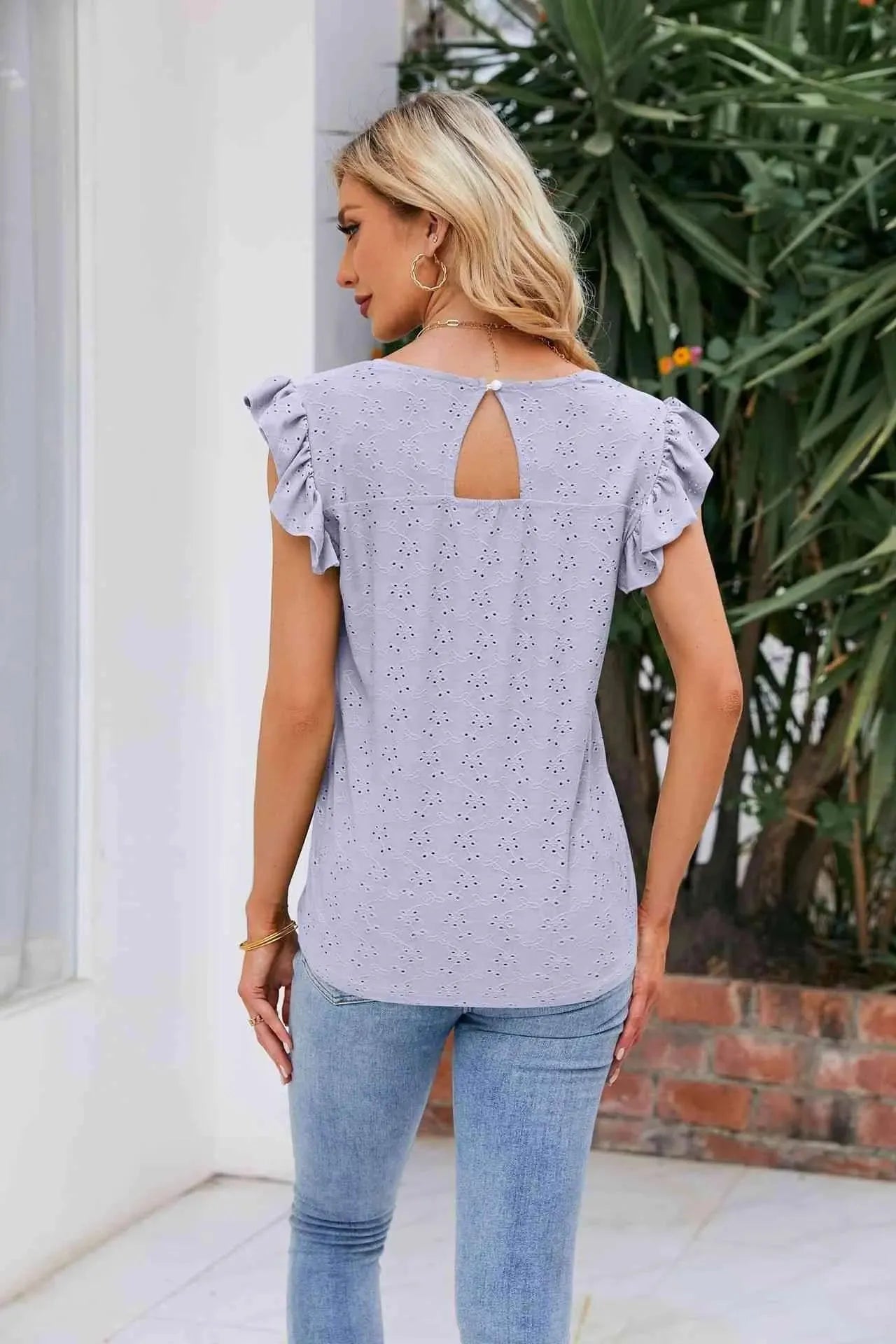 V-Neck Flutter Sleeve Eyelet Top Blouses - Tophatter Daily Deals