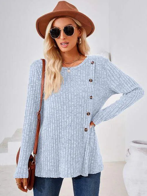 Ribbed Buttoned Round Neck Slit T-Shirt Women's T-Shirts - Tophatter Daily Deals
