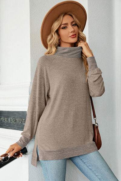 Slit Mock Neck Long Sleeve T-Shirt Women's T-Shirts - Tophatter Daily Deals