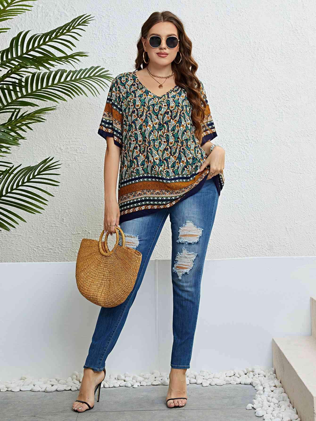 Bohemian Printed V-Neck Blouse Blouses - Tophatter Daily Deals