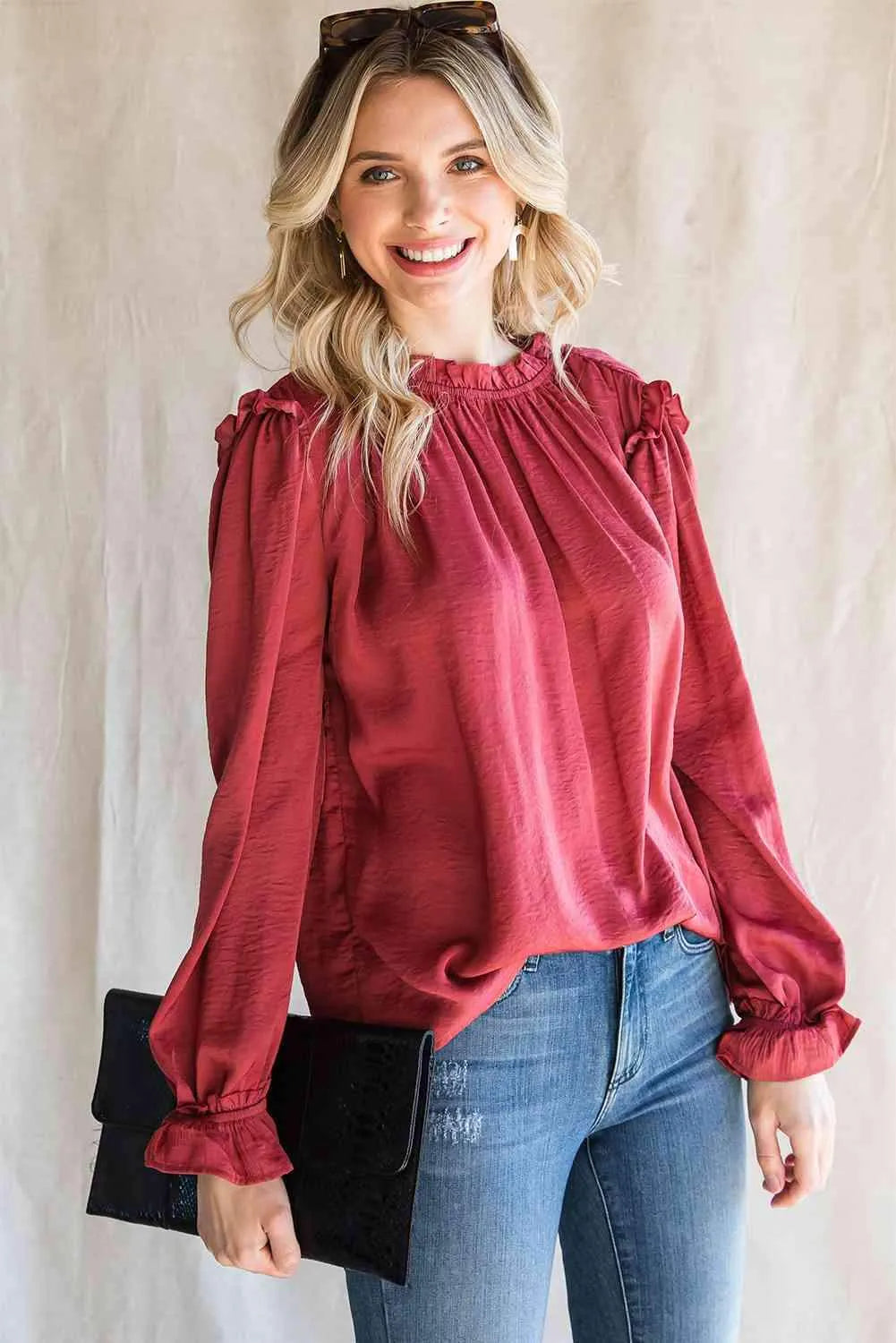 Frilled Neck Long Flounce Sleeve Blouse Blouses - Tophatter Daily Deals