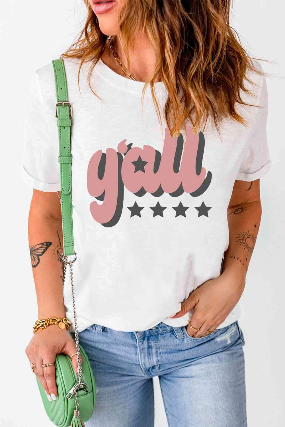 Y'ALL Graphic Round Neck Tee Women's T-Shirts - Tophatter Daily Deals