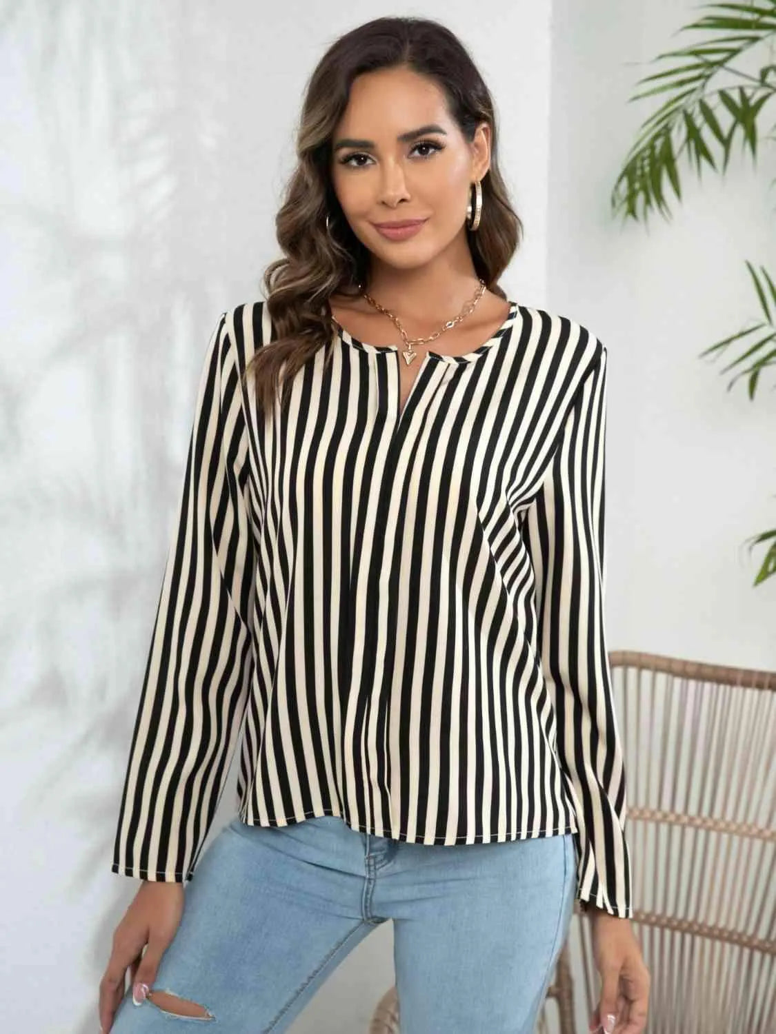 Striped Long Sleeve Notched Blouse Blouses - Tophatter Daily Deals