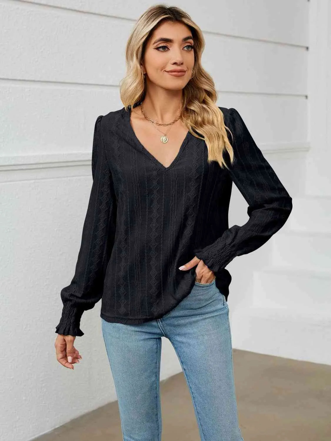 V-Neck Puff Sleeve Blouse Blouses - Tophatter Daily Deals