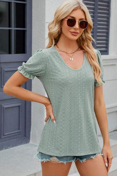 Eyelet Round Neck Flounce Sleeve T-Shirt Women's T-Shirts - Tophatter Daily Deals