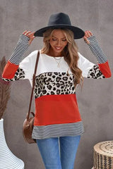 Waffle-Knit Leopard Round Neck Long Sleeve T-Shirt Women's T-Shirts - Tophatter Daily Deals