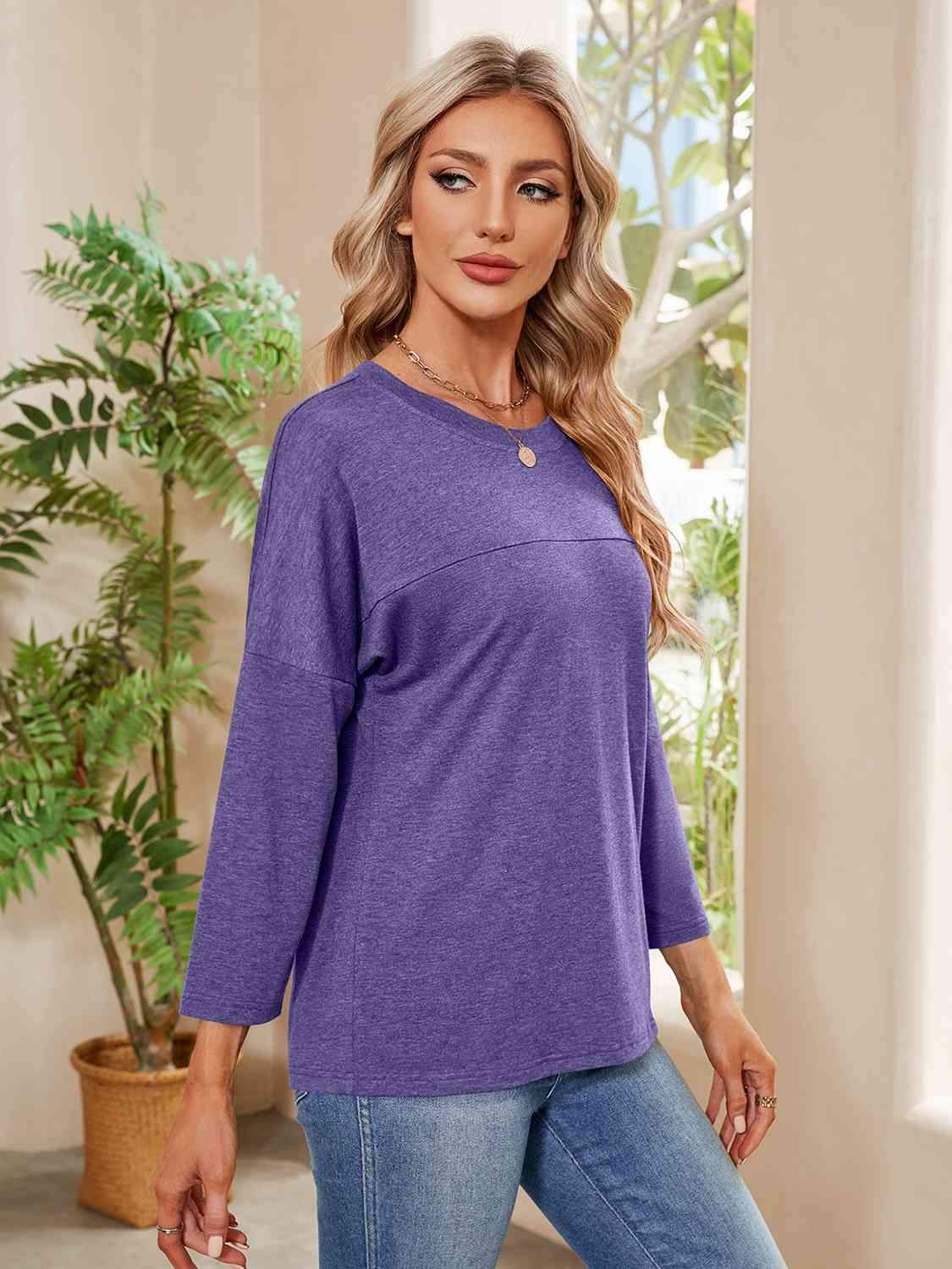 Round Neck Long Sleeve Drop Shoulder Blouse Blouses - Tophatter Daily Deals