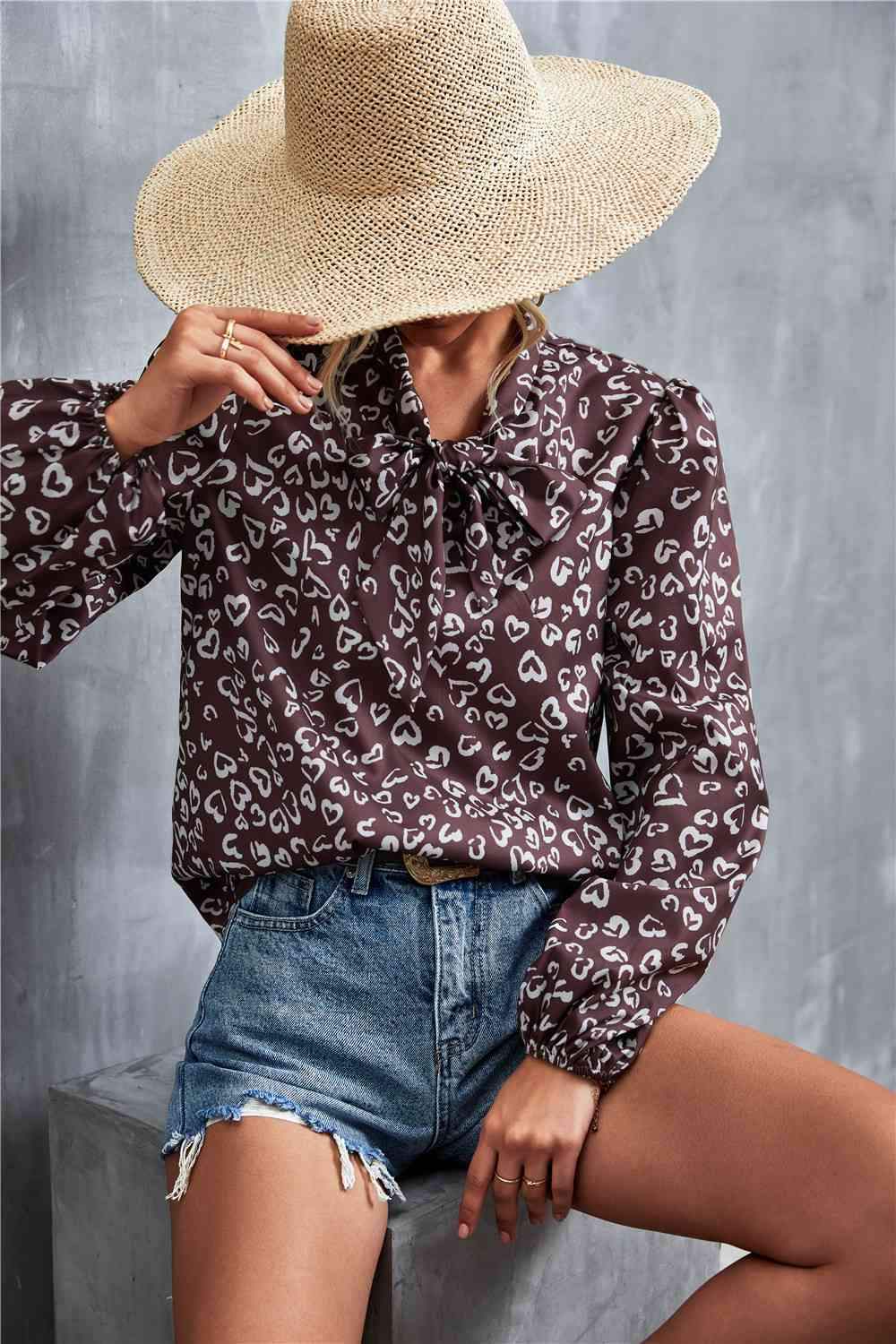 Printed Tie Neck Puff Sleeve Blouse Blouses - Tophatter Daily Deals