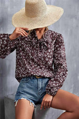 Printed Tie Neck Puff Sleeve Blouse Blouses - Tophatter Daily Deals