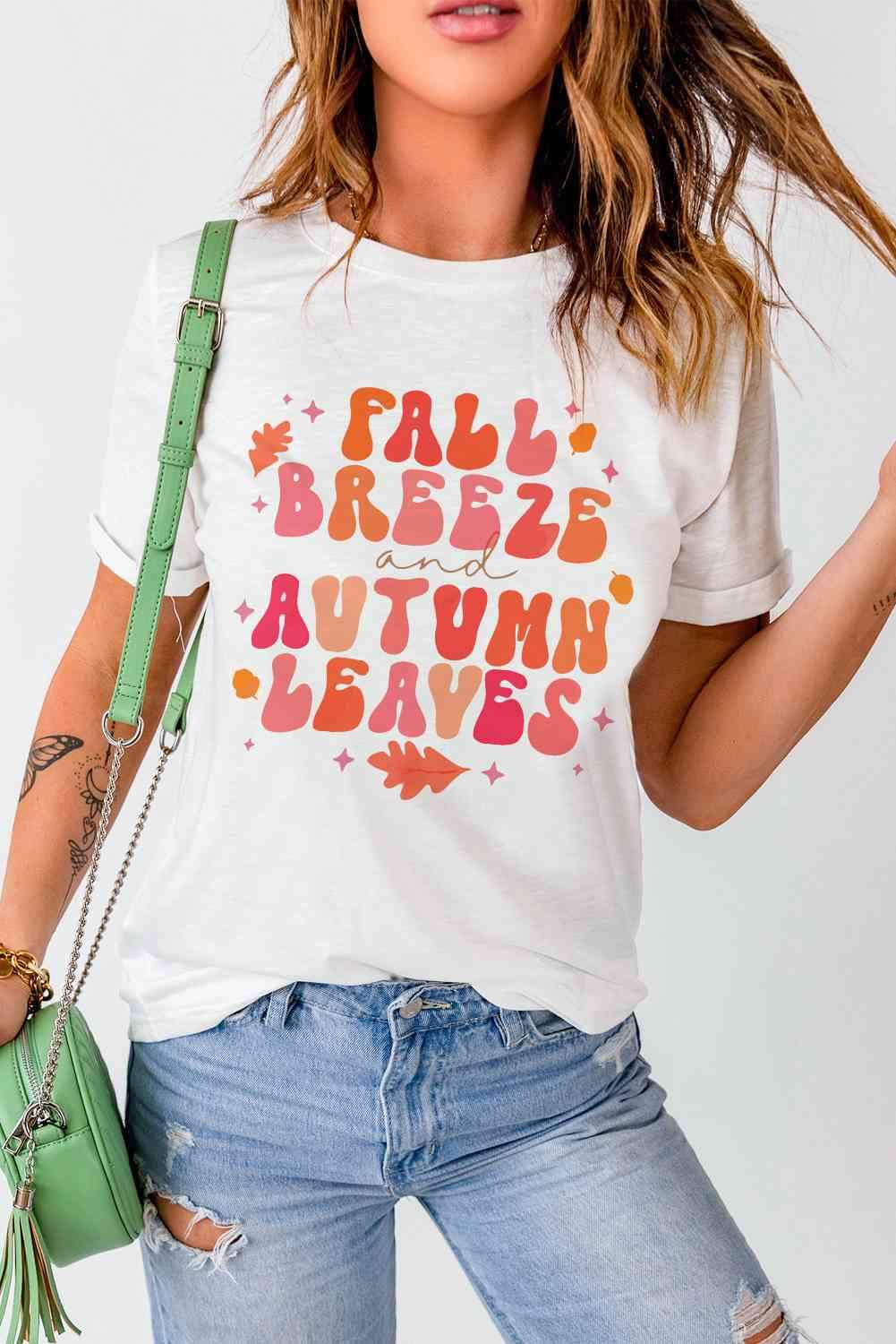 FALL BREEZE AUTUMN LEAVES Graphic T-Shirt White Women's T-Shirts - Tophatter Daily Deals