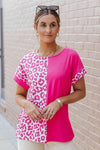 Leopard Two-Tone Round Neck Tee Hot Pink Women's T-Shirts - Tophatter Daily Deals