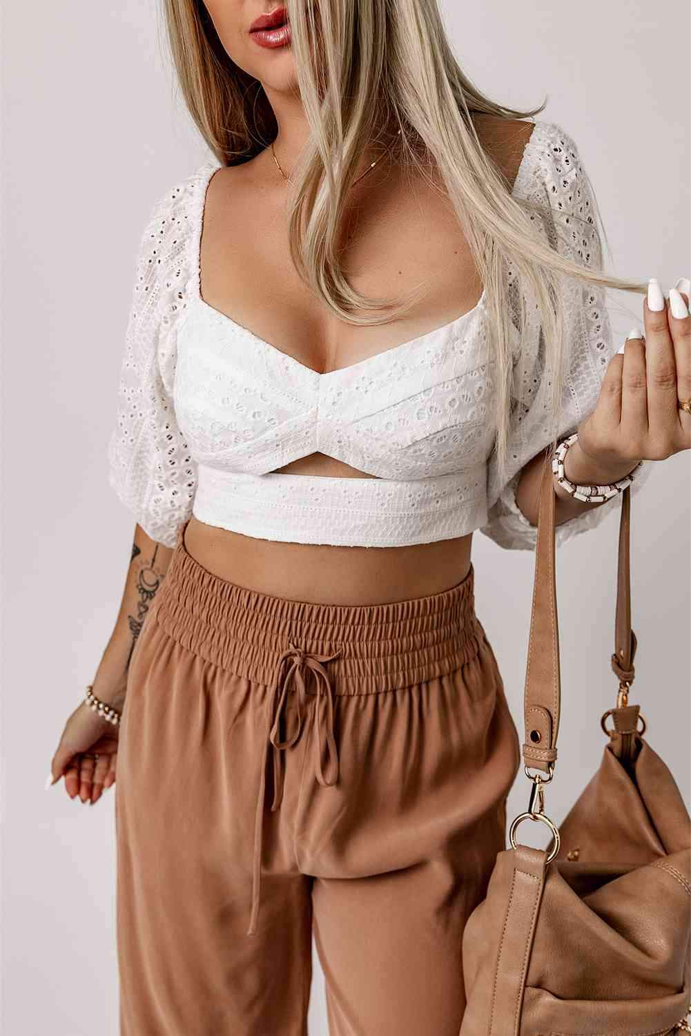 Eyelet Sweetheart Neck Cutout Crop Top Blouses - Tophatter Daily Deals