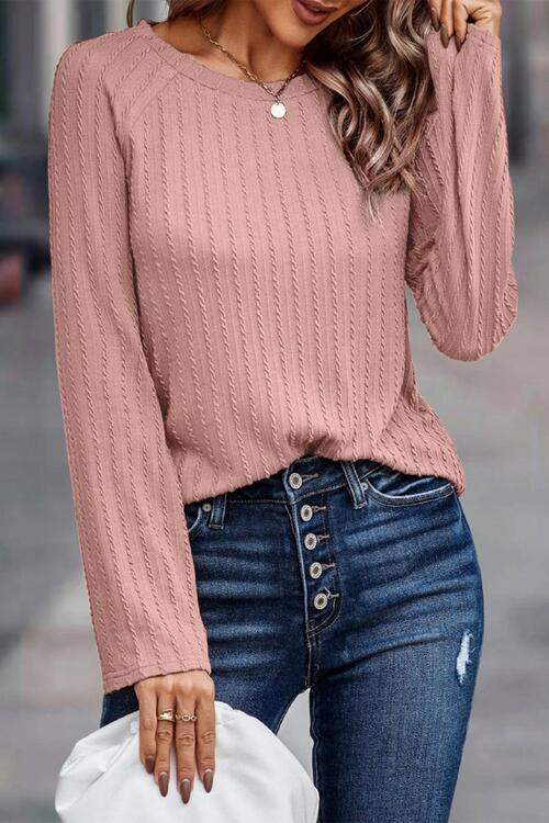 Ribbed Round Neck Knit Long Sleeve Top Blush Pink Blouses - Tophatter Daily Deals