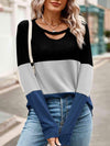 Color Block Cutout Round Neck Long Sleeve T-Shirt Women's T-Shirts - Tophatter Daily Deals