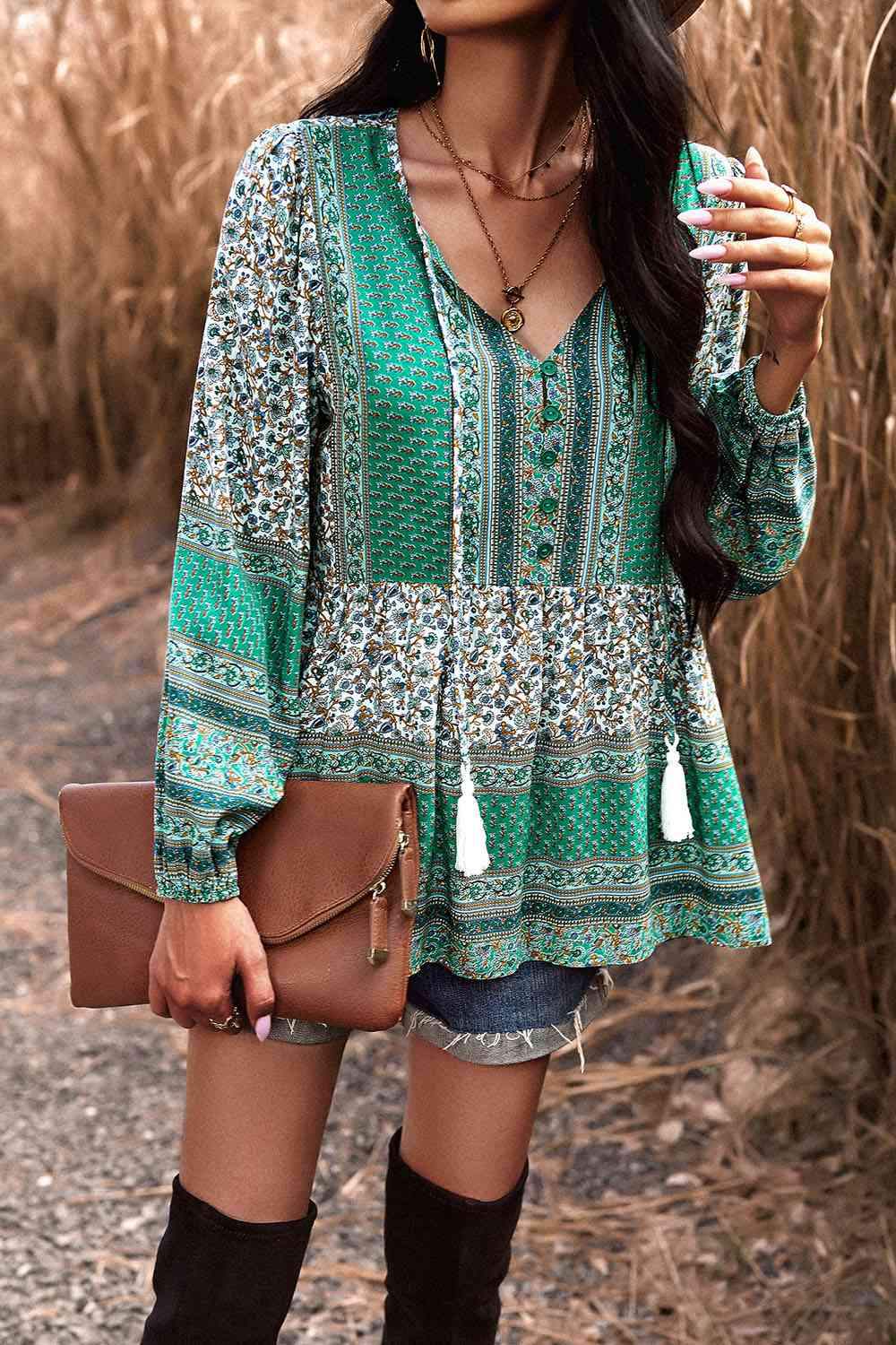 Tassel Tie Long Sleeve Peplum Blouse Blouses - Tophatter Daily Deals