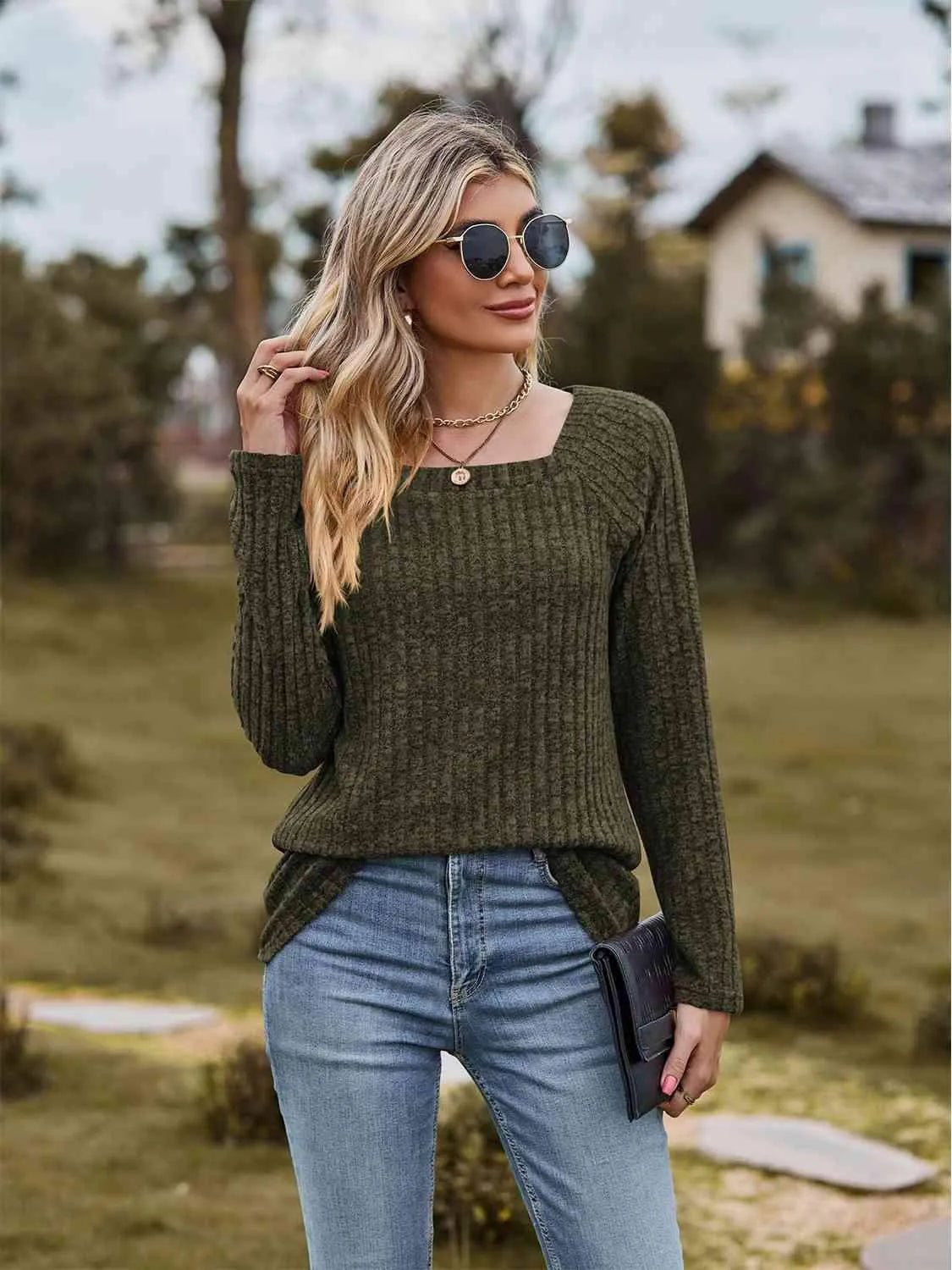 Full Size Ribbed Square Neck Long Sleeve T-Shirt Women's T-Shirts - Tophatter Daily Deals