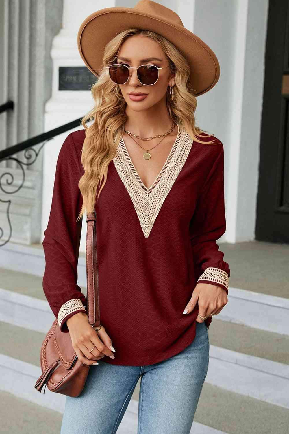 V-Neck Long Sleeve Blouse Wine Blouses - Tophatter Daily Deals