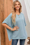 Double Take Full Size Round Neck Ribbed Slit Tunic Top Blouses - Tophatter Daily Deals