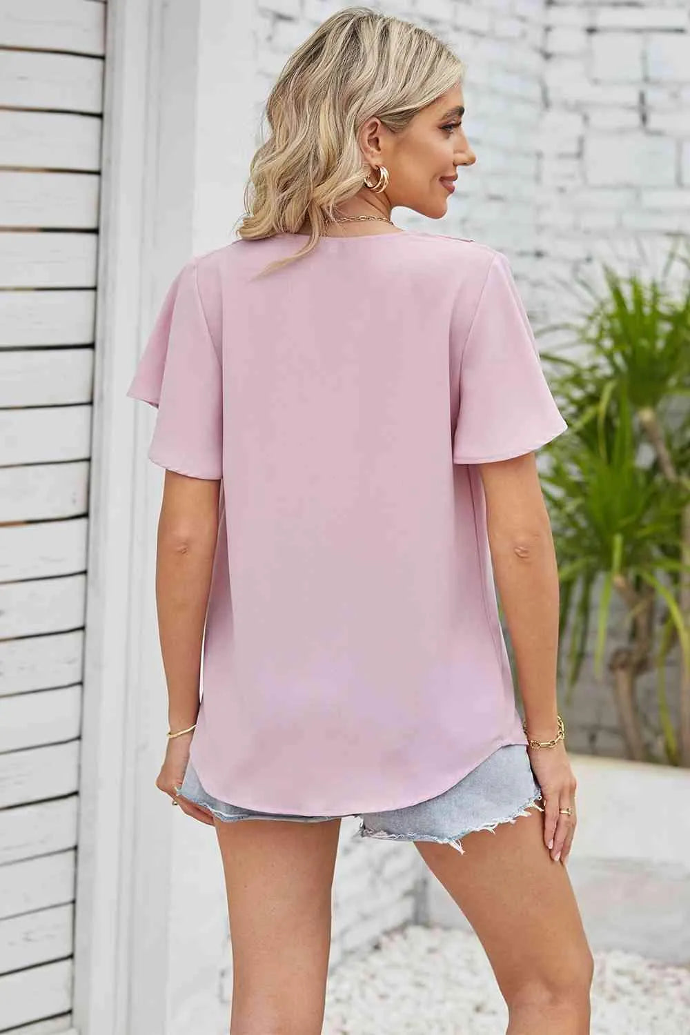 V-Neck Flutter Sleeve Blouse Blouses - Tophatter Daily Deals