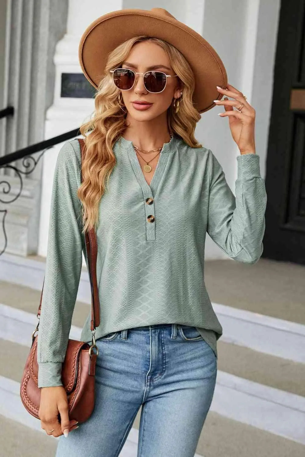 Notched Neck Long Sleeve Buttoned Blouse Sage Blouses - Tophatter Daily Deals