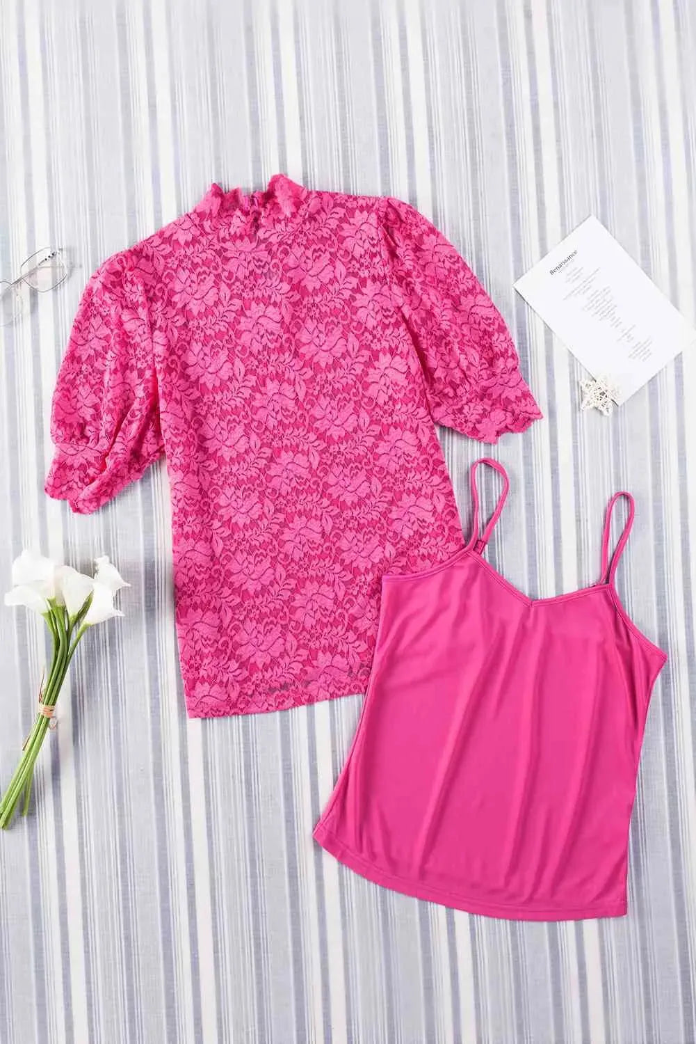 Lace Scalloped Short Puff Sleeve Top Blouses - Tophatter Daily Deals