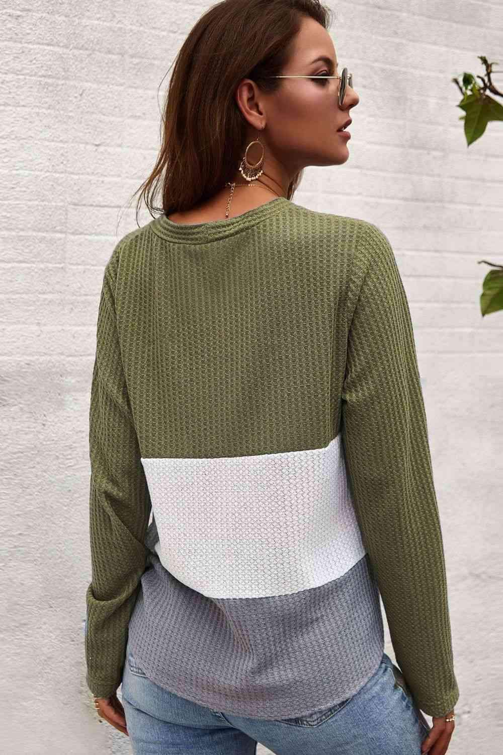 Color Block Waffle Knit V-Neck Top Blouses - Tophatter Daily Deals