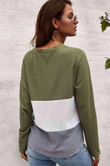 Color Block Waffle Knit V-Neck Top Blouses - Tophatter Daily Deals