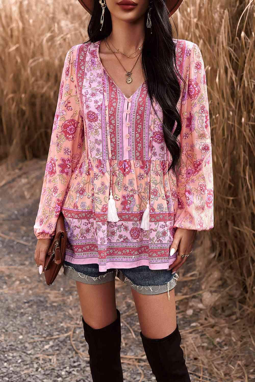 Tassel Tie Long Sleeve Peplum Blouse Carnation Pink Blouses - Tophatter Daily Deals