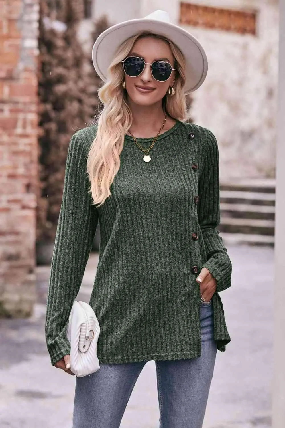Double Take Ribbed Round Neck Buttoned Tee Army Green Women's T-Shirts - Tophatter Daily Deals