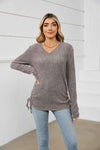 Drawstring Ribbed Long Sleeve T-Shirt Charcoal Women's T-Shirts - Tophatter Daily Deals