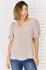 Zenana V-Neck Puff Sleeve Top Blouses - Tophatter Daily Deals