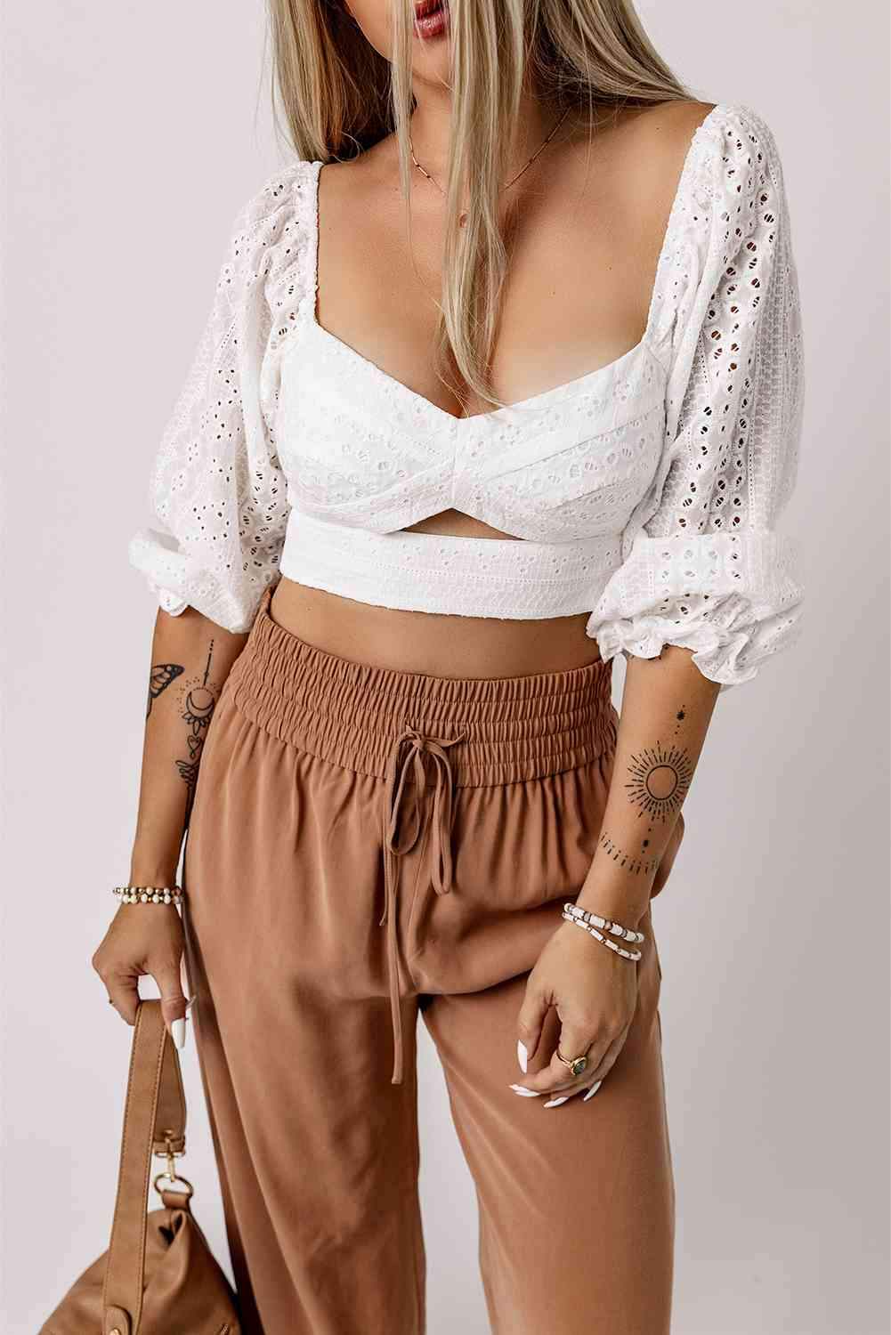 Eyelet Sweetheart Neck Cutout Crop Top White XL Blouses - Tophatter Daily Deals