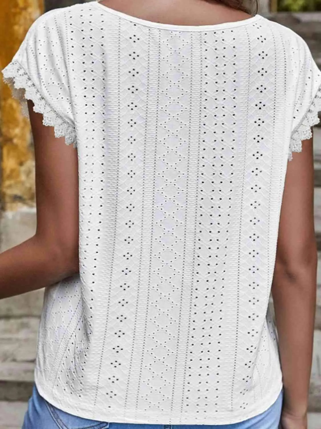 V-Neck Eyelet Short Sleeve Top Blouses - Tophatter Daily Deals