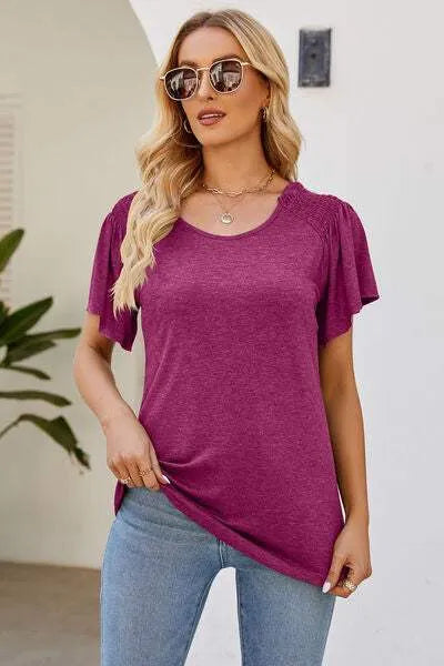 Smocked Round Neck Flutter Sleeve T-Shirt Women's T-Shirts - Tophatter Daily Deals