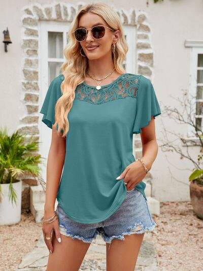 Lace Detail Round Neck Short Sleeve T-Shirt Turquoise Women's T-Shirts - Tophatter Daily Deals