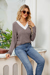 Lace Detailed V Neck Top Women's T-Shirts - Tophatter Daily Deals