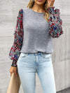 Round Neck Contrasting Color Printed Lantern Sleeve Top Women's T-Shirts - Tophatter Daily Deals